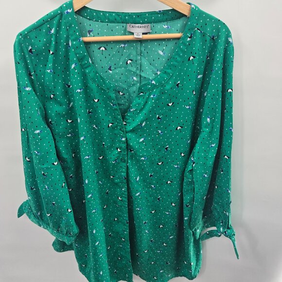 Catherines Blue Cafe Umbrella Novelty 3/4 Sleeved Buttoned Down Blouse 1x - Picture 1 of 9